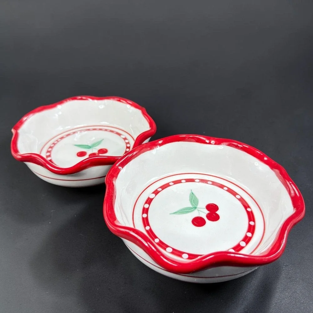 Crate & Barrel Mesa Cherry Pie Dish Bowl Individual Ramekin Set of 2 Red White